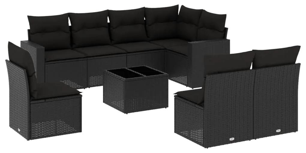 3219065 vidaXL Set mobilier de grădină cu perne, 9 piese, negru, poliratan