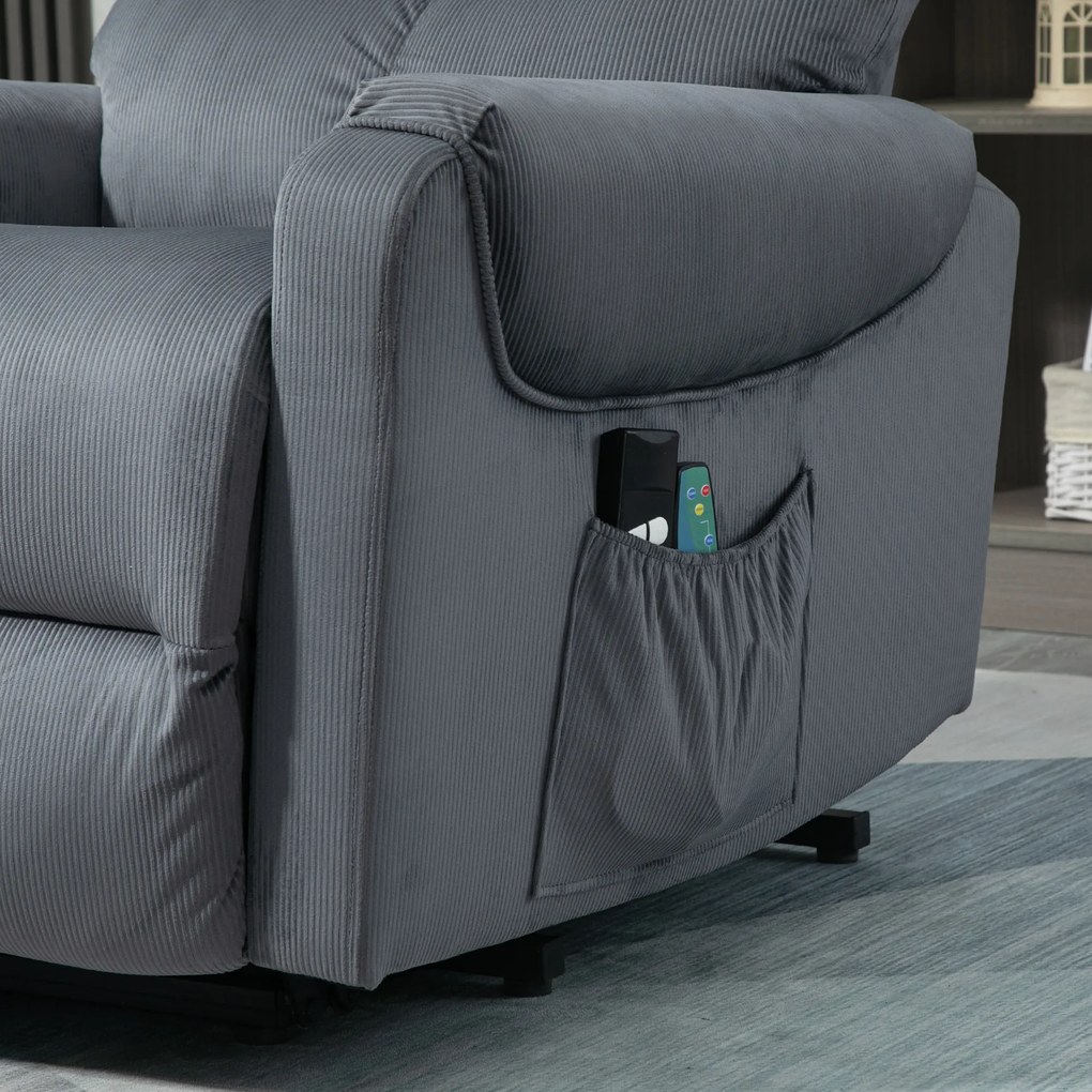 HOMCOM Fotoliu TV cu funcție de ridicare electrică, fotoliu de masaj reclinabil cu încălzire, fotoliu relax cu telecomandă și buzunar lateral, reglabil, țesătură din poliester, gri închis | Aosom Romania