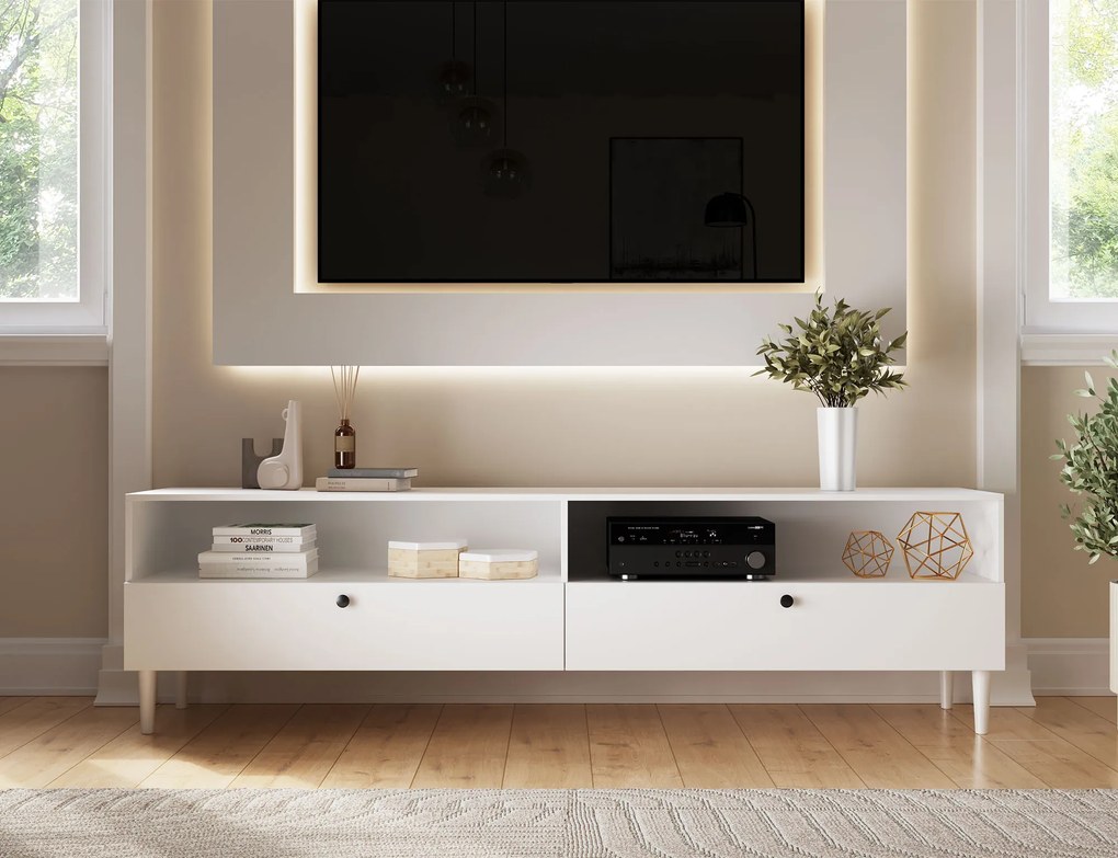 Dulap TV cu raft si dulapuri DULLUM 200x58cm, alb