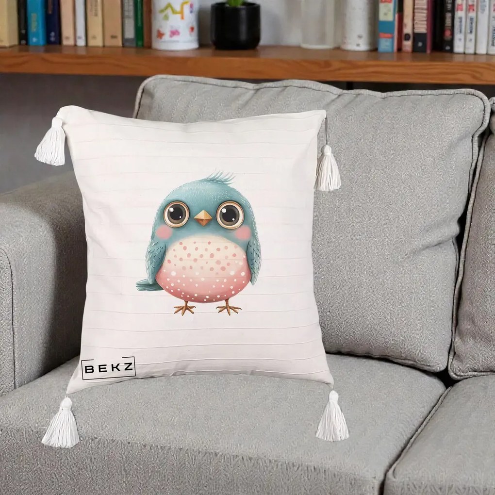 Perna Decorativa Pasare Teal-Roz cu Pete, 40x40 cm, Bej cu Franjuri, Husa Detasabila, Perna Inclusa, BEKZ®