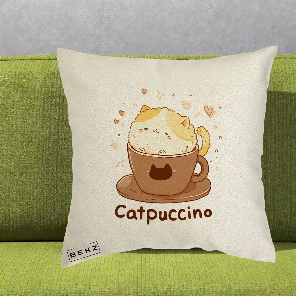 Perna Decorativa Catpuccino Pisica Cappuccino, 40x40 cm, Ecru, Husa Detasabila, Perna Inclusa, BEKZ®