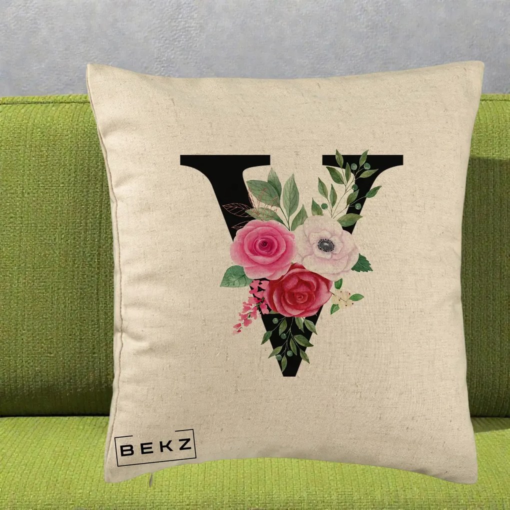 Cadou Personalizat - Perna Personalizata Monograma Florala Litera V cu Buchet, 40x40 cm, Bej, Husa Detasabila, Perna Inclusa, BEKZ®