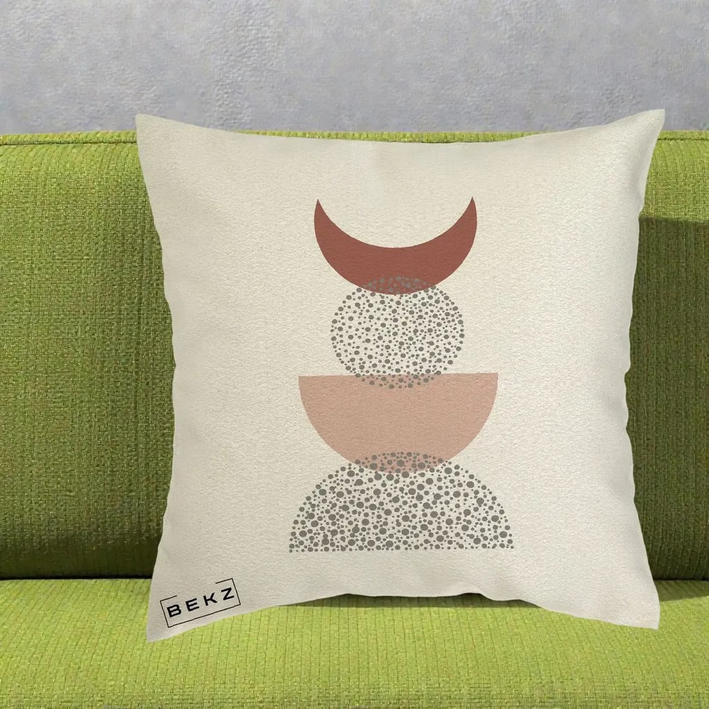 Perna Decorativa Boho Luna Plina si Forme Punctate, 40x40 cm, Ecru, Husa Detasabila, Perna Inclusa, BEKZ®