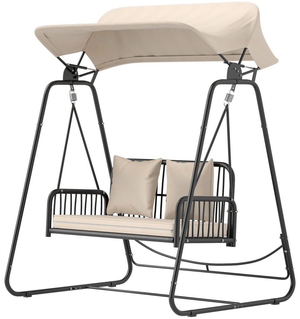 Outsunny Hollywoodschaukel din ratan pentru 2 persoane, cu acoperiș reglabil, perne, cu o capacitate de încărcare de până la 240 kg, 149 x 121 x 180 cm, kaki | Aosom Romania
