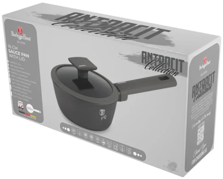 Oală pentru sos cu capac 16 cm, 1.2L – Berlinger Haus Anthracite Collection BH 8118, cu strat titan și design modern