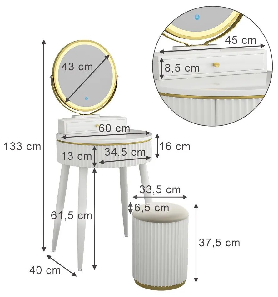 SEA459 - Set Masa toaleta 60 cm cosmetica machiaj, oglinda cu LED, masuta vanity, cu taburet - Alb