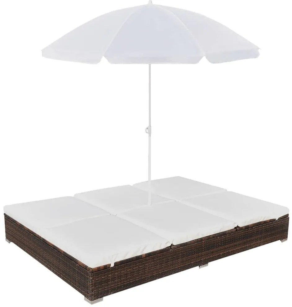 vidaXL Pat șezlong de exterior cu umbrelă, maro, poliratan