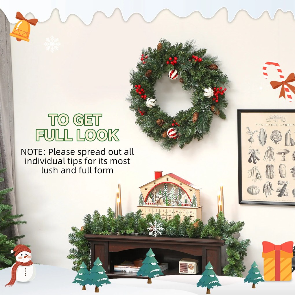 HOMCOM Ghirlandă de Crăciun 60 cm cu 146 Ramuri Înzăpezite, Conuri, Boabe și Bile | Aosom Romania