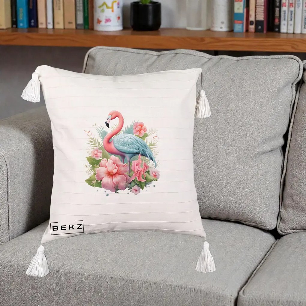 Perna Decorativa Flamingo cu Hibiscus Tropical, 40x40 cm, Bej cu Franjuri, Husa Detasabila, Perna Inclusa, BEKZ®