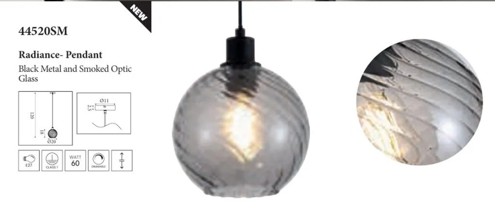 Pendul metal negru, sticla fumurie Radiance