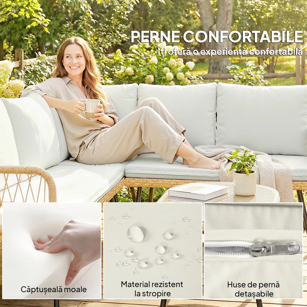 Outsunny Set Mobilier Grădină din Ratan, 4 Piese în Formă de L, cu 2 Canapele, Colțar, Măsuță de Cafea și Perne, Cadru din Oțel, pentru Balcon sau Terasă, Natural/Crem | Aosom Romania