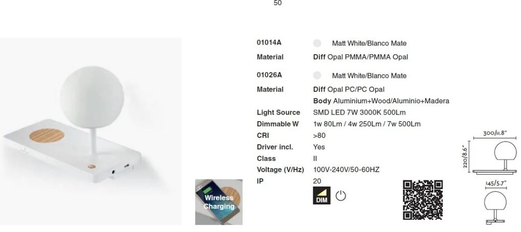 Aplica LED ultramoderna USB / Wireless charger NIKO stanga