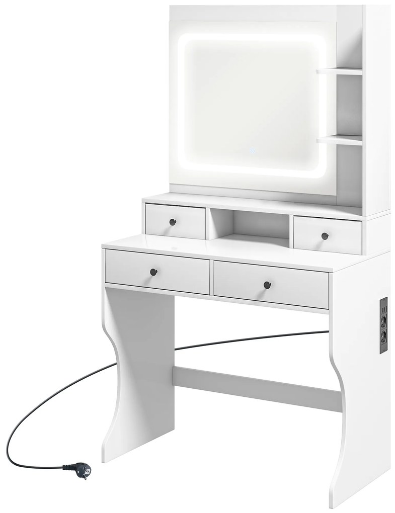 HOMCOM Masă de Toaletă cu Oglindă Iluminată LED, Masă de Machiaj cu Stație de Încărcare, 4 sertare și rafturi de depozitare, 90x45x160 cm, Alb