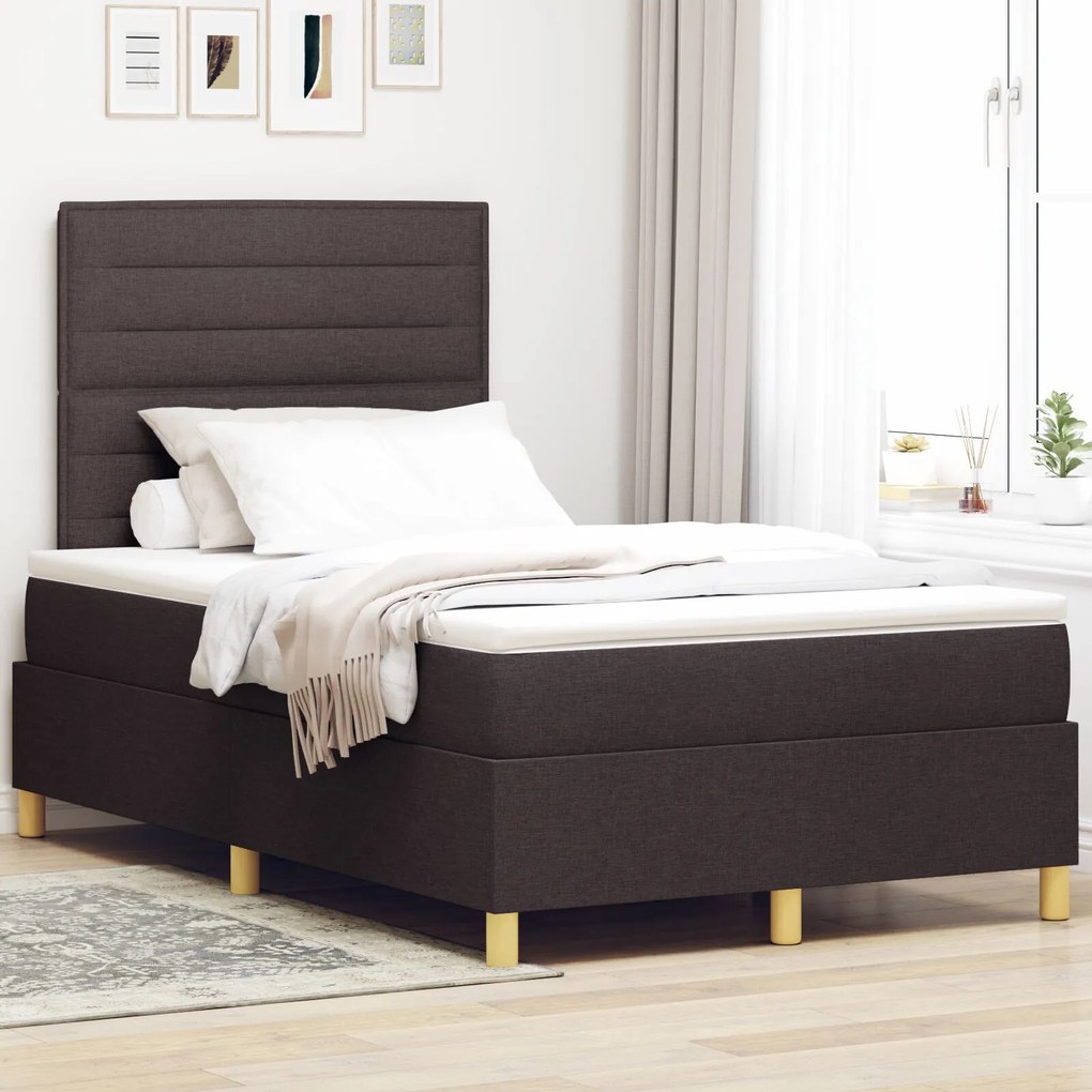 vidaXL Pat cu arcuri cu saltea și LED maro închis 120x190 cm din țesătură