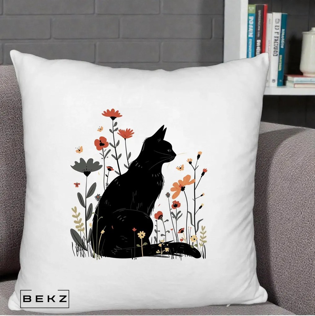 Perna Decorativa Pisica Neagra Profil Flori Portocalii, 40x40 cm, Alb Pufos, Husa Detasabila, Perna Inclusa, BEKZ®