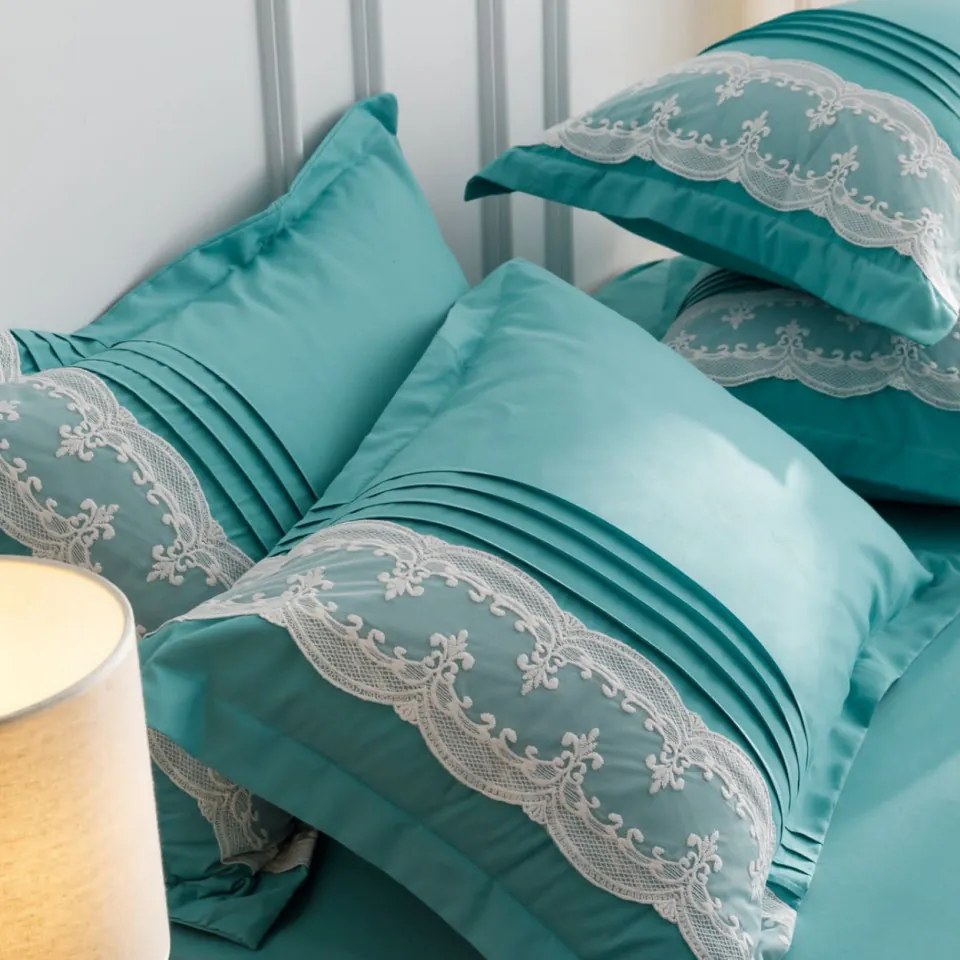 Lenjerie de pat uni cu pliuri si broderie, bumbac tip finet, 6 piese, pat 2 persoane, turquoise, FNJS-56