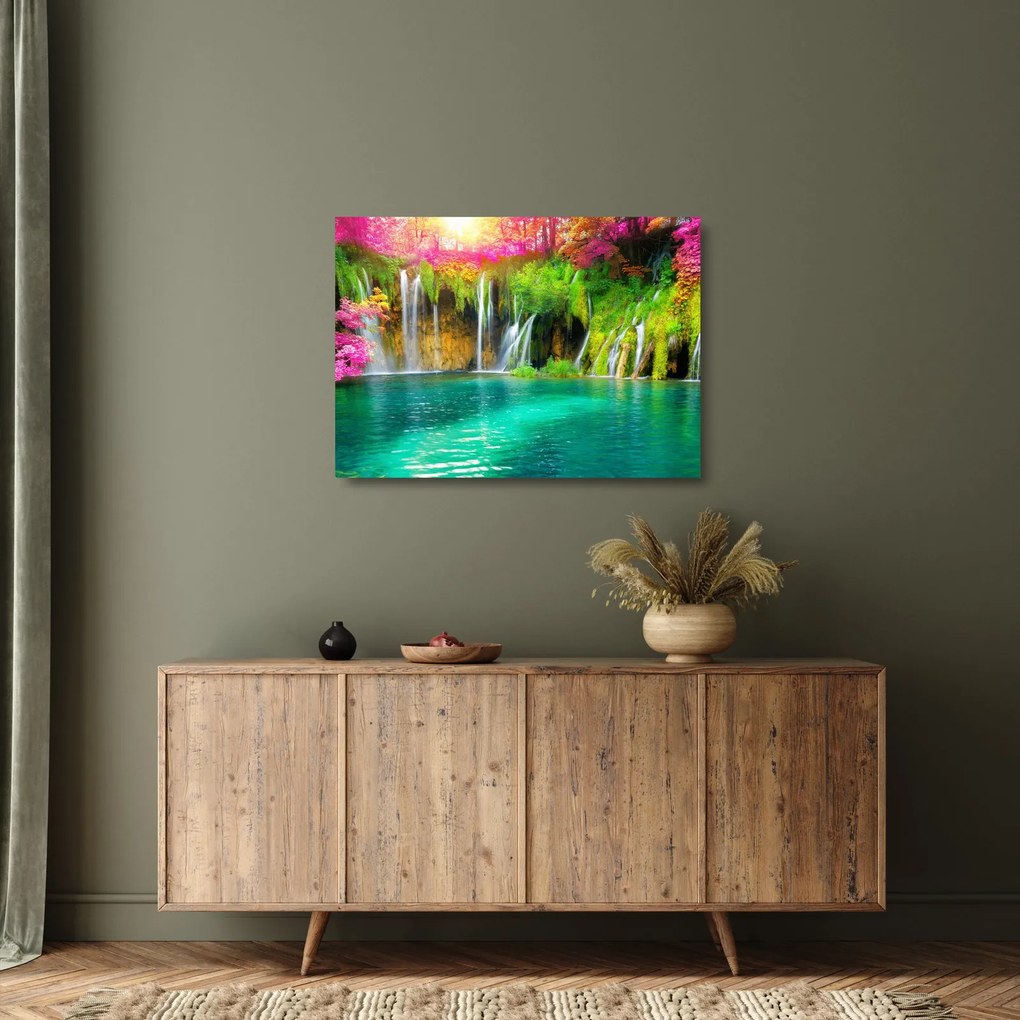 Tablou pe sticlă - Cascada, Lacurile Plitvice, Croația (70x50 cm)