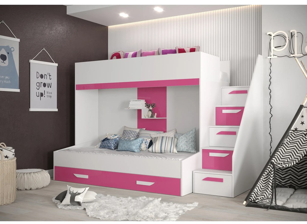 Pat pentru copii combinat 90 cm Puro 16 (alb mat + alb lucios + roz lucios). 1087104