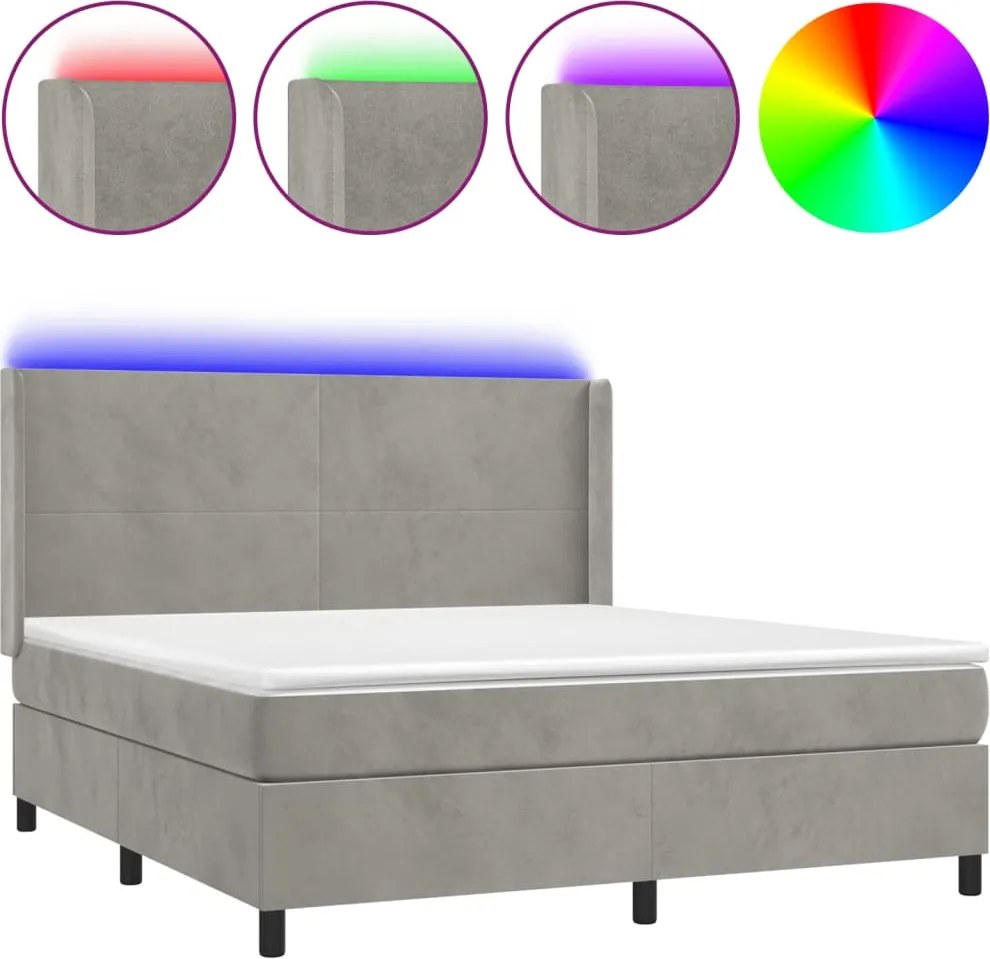 vidaXL Pat cu arcuri, saltea și LED, gri deschis, 180x200 cm, catifea