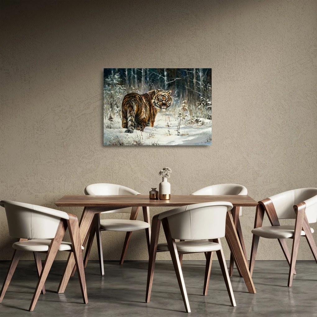 Tablou pe sticlă - Tigru într-o pădure înzăpezită, pictură în ulei (70x50 cm)