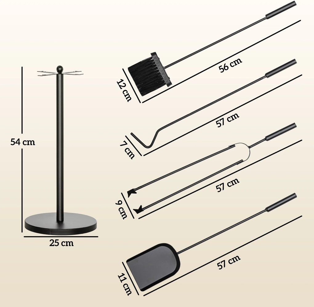 Outsunny Set Accesorii Camino 5 Piese cu Lopată Perie Clești Fier Împins Suport Economisire Spațiu Metal Negru | Aosom Romania
