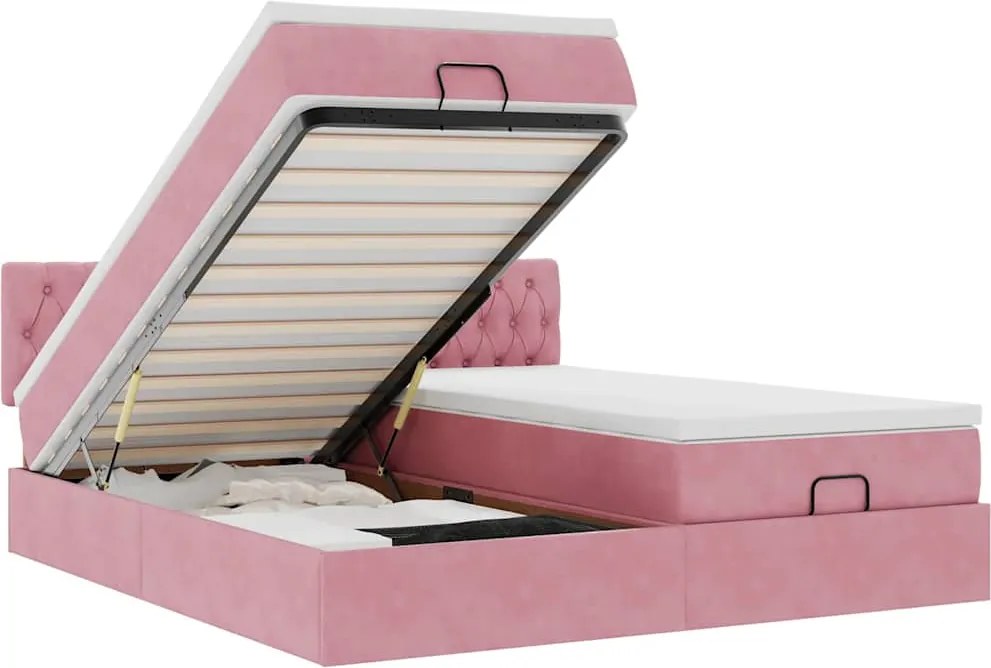 vidaXL Cadru de pat otoman cu saltele Roz 200x200cm catifea
