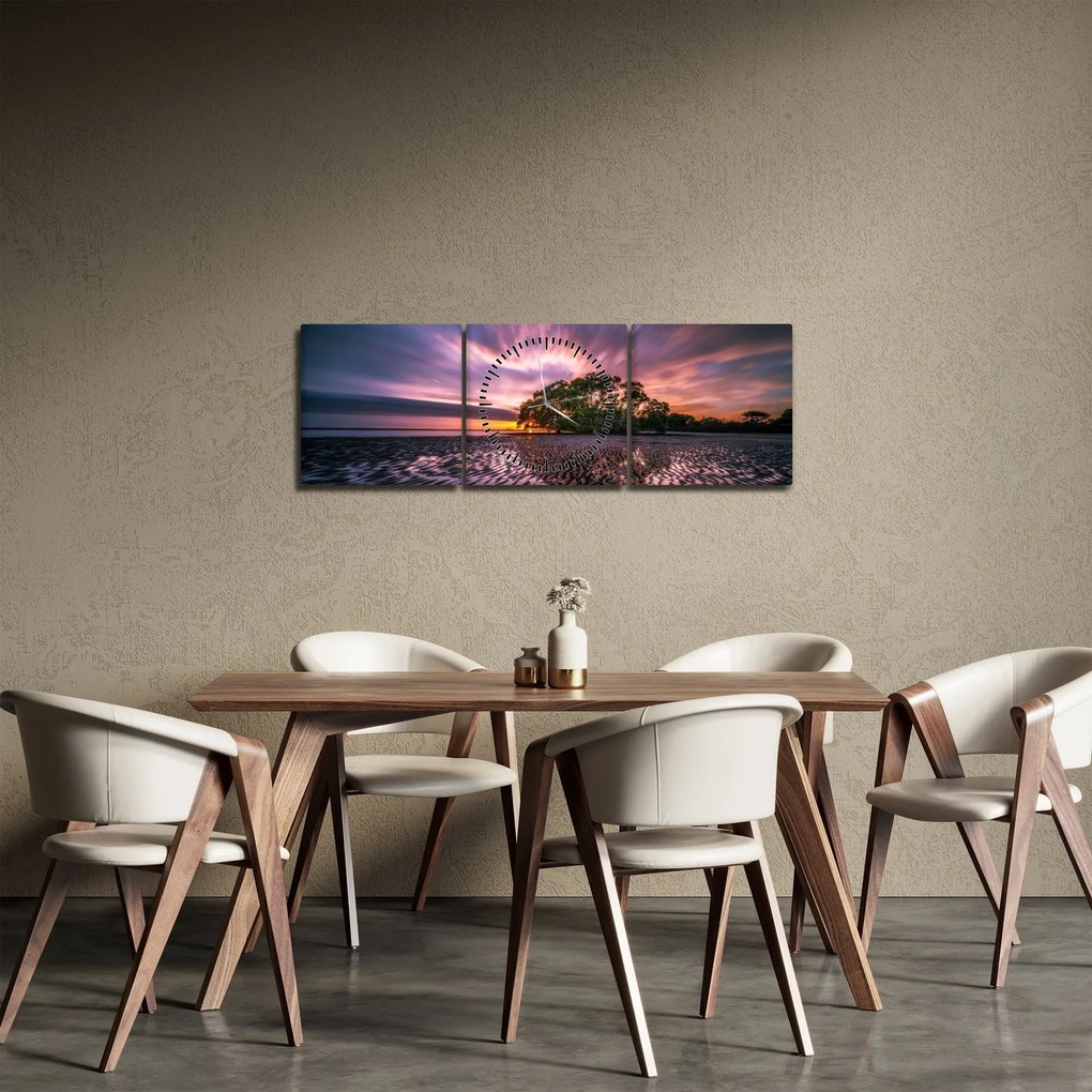 Tablou cu plajă în apus de soare (cu ceas) (90x30 cm)