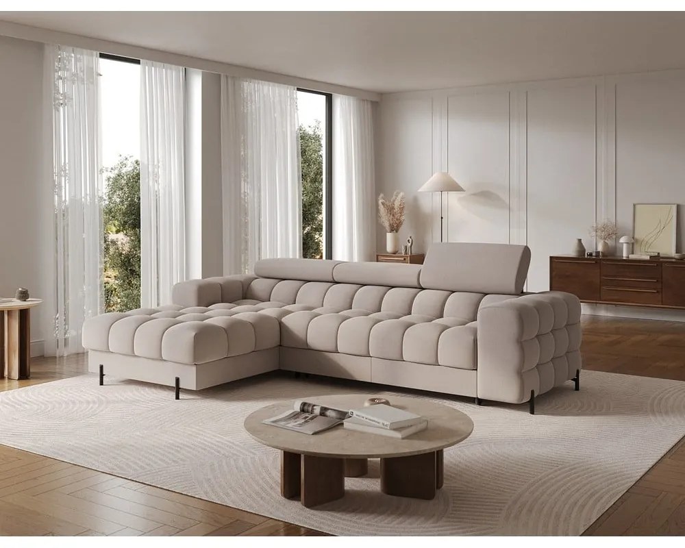 Colțar bej extensibil/cu spațiu de depozitare cu tapițerie din catifea (cu colț pe partea stângă/cu șezlong) Felro – ELTAP