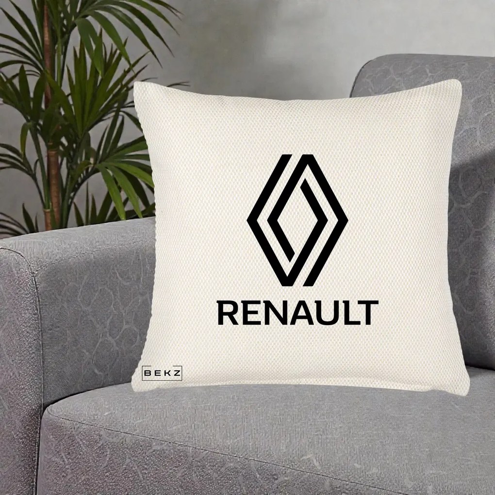 Perna Personalizata cu emblema Renault, 40x40 cm, Crem Reliefat, Husa Detasabila, Perna Inclusa, BEKZ®