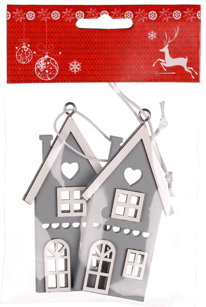 Căsuță suspendată din lemn, gri, înălțime 9 cm, SET DE 4 PIESE