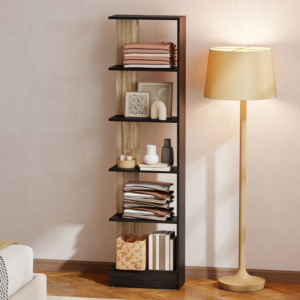 HOMCOM Raft-bibliotecă de depozitare cu 5 compartimente deschise 45 x 21 x 170 cm Negru și Stejar | Aosom Romania