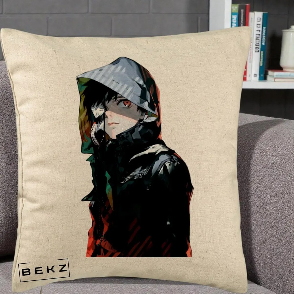 Perna Personalizata Tokyo Ghoul Ken Kaneki cu Masca si Gluga, 40x40 cm, Bej, Husa Detasabila, Perna Inclusa, BEKZ®