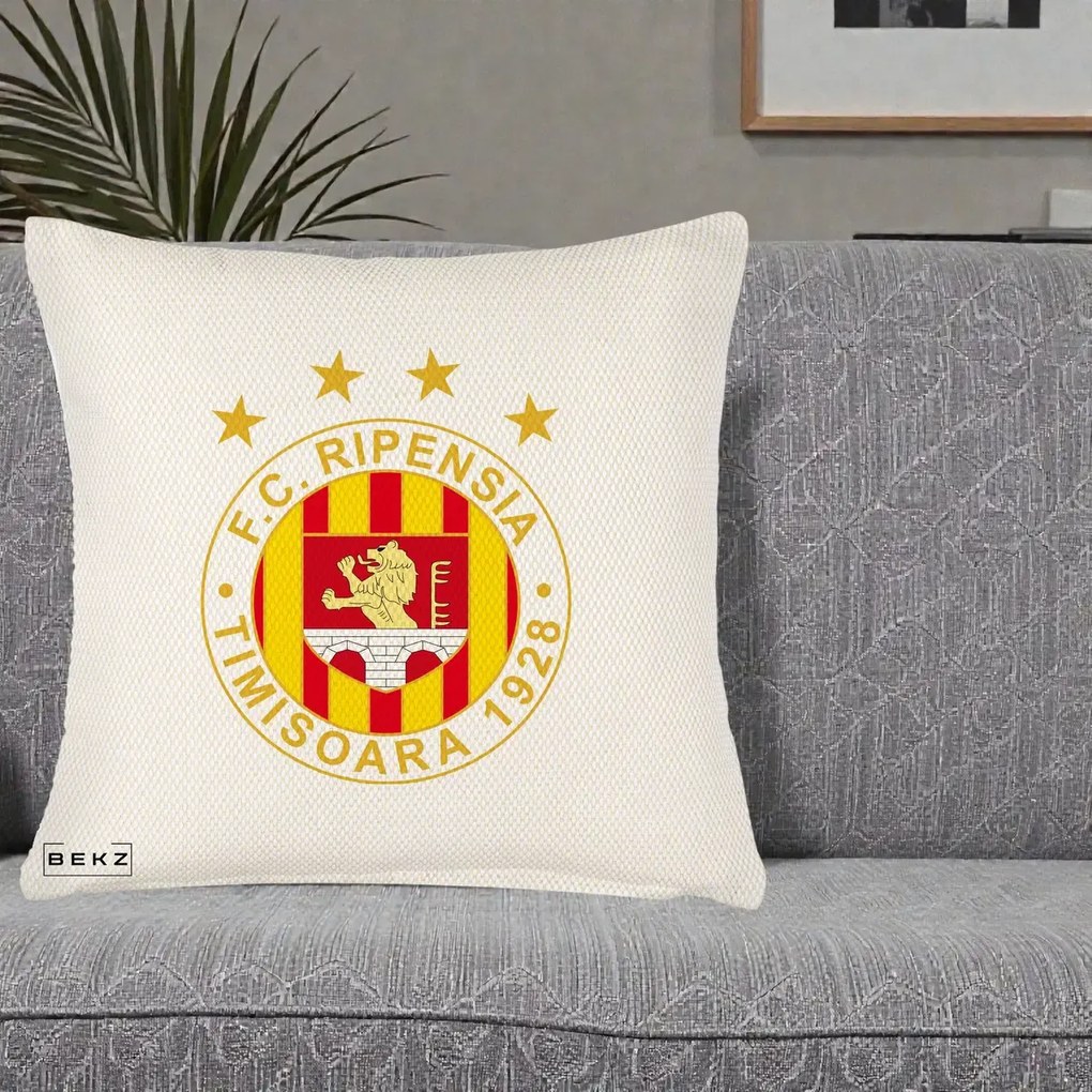 Perna Personalizata FC Ripensia Timisoara 1928, 40x40 cm, Crem Reliefat, Husa Detasabila, Perna Inclusa, BEKZ®