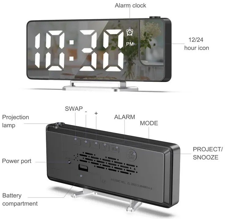 Ceas digital cu alarmă, cu proiecție DZ-673 și ecran LED de 7,9”