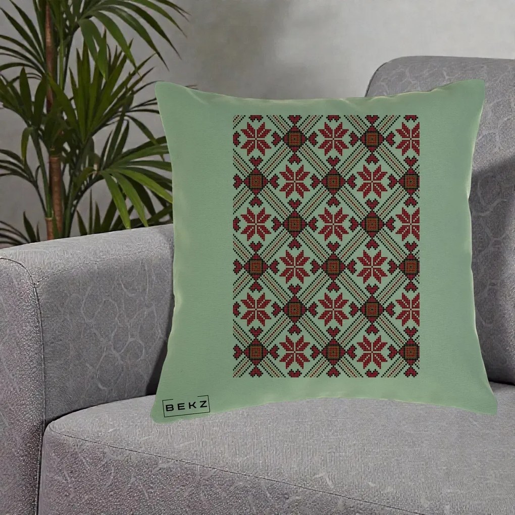 Perna Personalizata Motiv Traditional Ie Romaneasca Rosu, 40x40 cm, Verde, Husa Detasabila, Perna Inclusa, BEKZ®