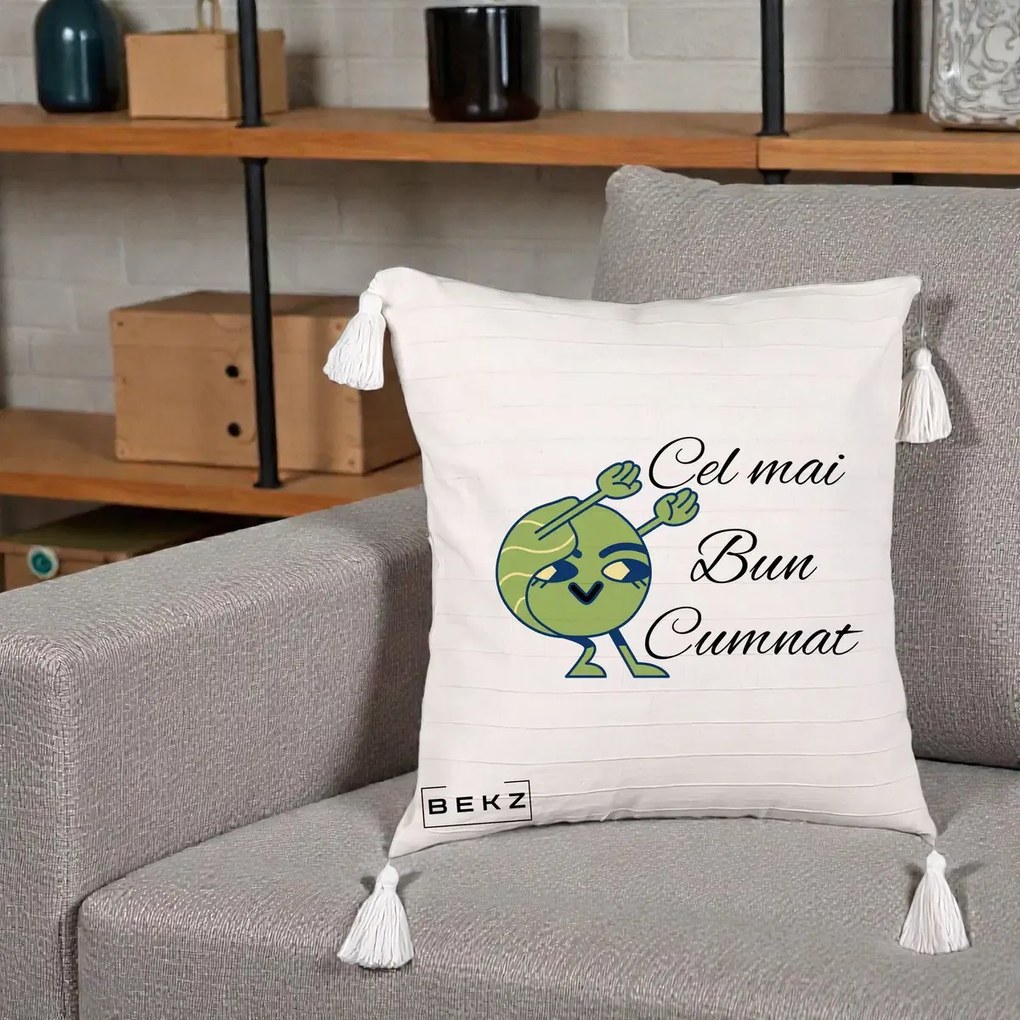 Cadou pentru Cumnat - Perna Personalizata Cel mai Bun Cumnat cu Personaj Funny Verde, 40x40 cm, Bej cu Franjuri, Husa Detasabila, Perna Inclusa, BEKZ®