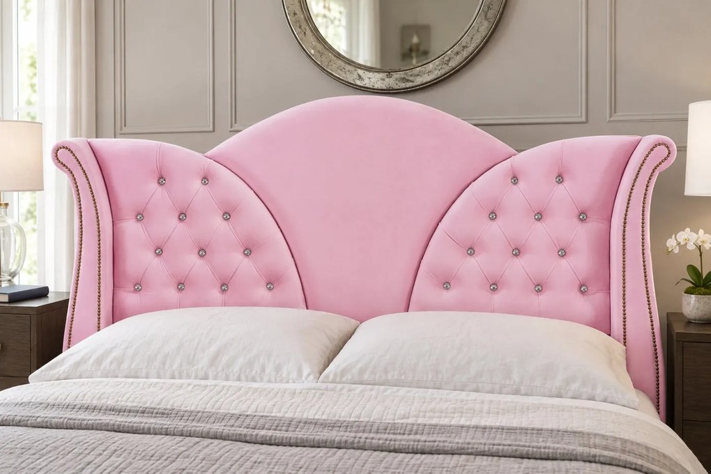Pat tapițat Chesterfield din catifea Velora Cristal 160×200 cm, roz, cu ladă de depozitare