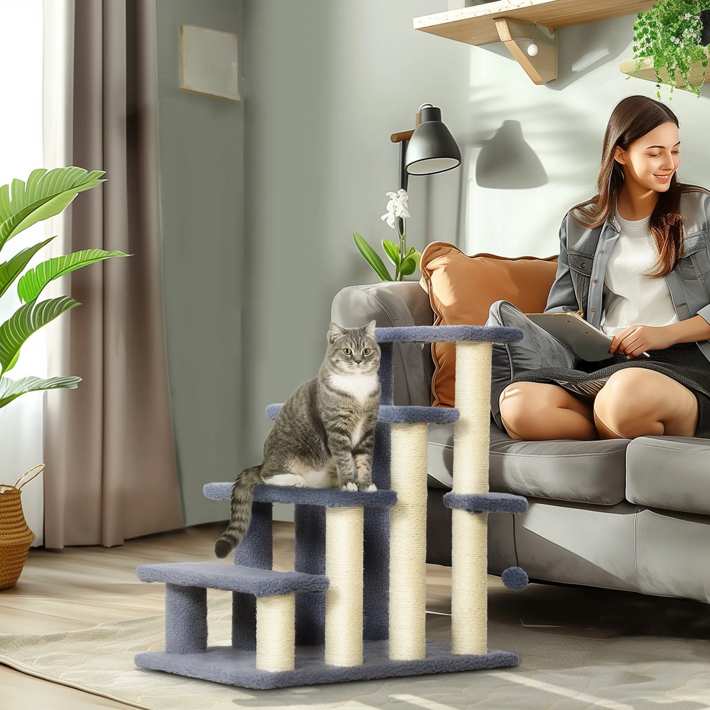 PawHut Scara pentru Pisici de 4 Nivele Acoperit cu Franela Stalp de Zgarci Bola Agatatoare 60x40x64 cm Gri | Aosom Romania