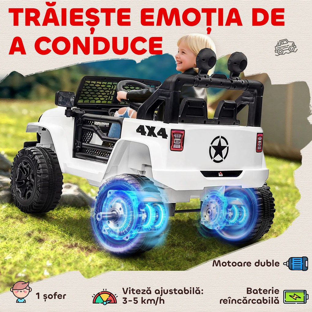 HOMCOM Masina Electrica pentru Copii Jeep Off-Road cu Telecomanda, 2 Viteze 3-5km/h, 100x65x72 cm, Alb | Aosom Romania