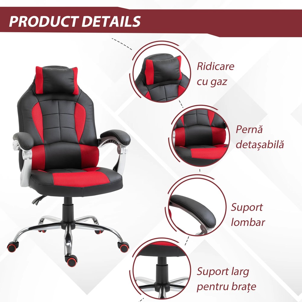 HOMCOM Scaun Gaming Ergonomic cu Inclinare Suport Lombar Tetieră Piele Ecologică Roșu Negru | Aosom Romania