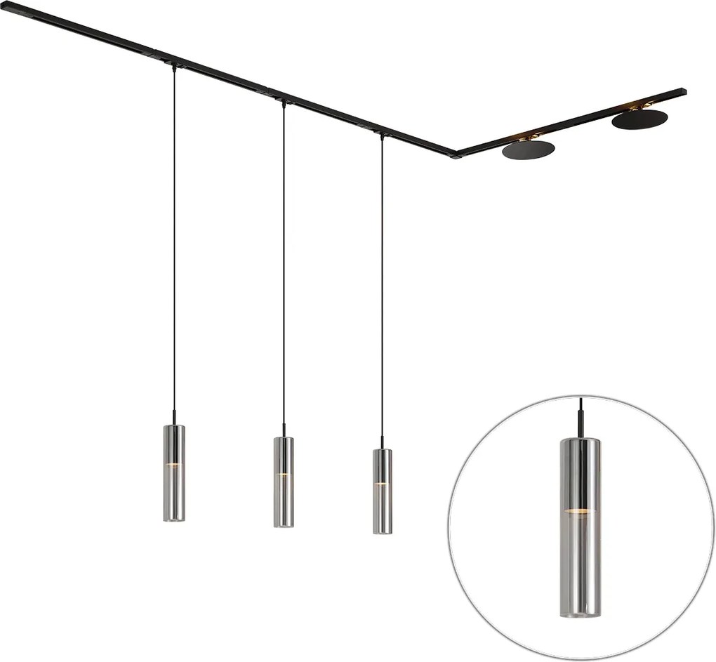 Sistem de iluminat pe șină modern negru cu 3 lumini suspendate și 2 plafoniere monofazate - Iconic Lloyd Pulley