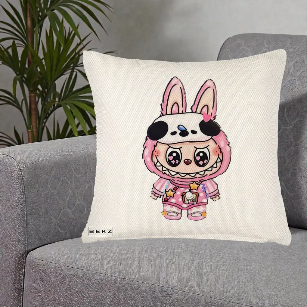 Perna Personalizata Labubu Panda-Bunny Roz, 40x40 cm, Crem Reliefat, Husa Detasabila, Perna Inclusa, BEKZ®