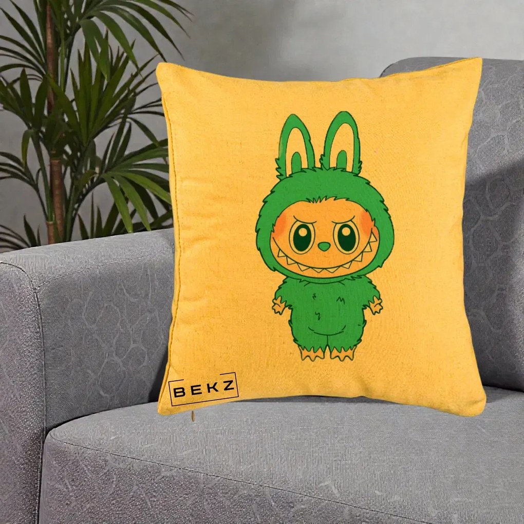 Perna Personalizata Labubu Turcoaz, 40x40 cm, Galben, Husa Detasabila, Perna Inclusa, BEKZ®