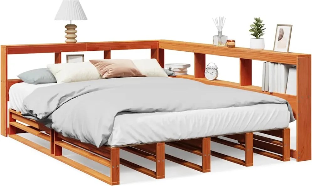 vidaXL Pat cu bibliotecă fără saltea maro 135x190 cm lemn masiv de pin