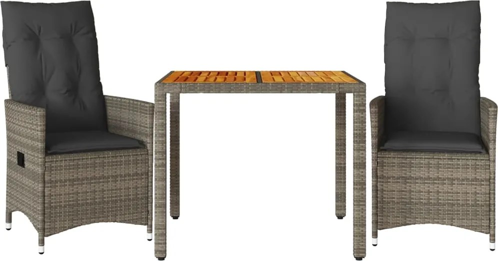 vidaXL Set bistro de grădină cu perne, 3 piese, gri, poliratan