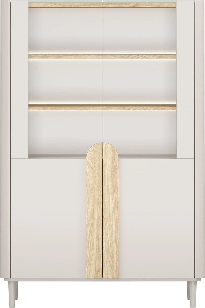 Vitrină cu picioare Amilio 100 cm, două uși - cașmir / stejar uleiat / mânere stejar deschis