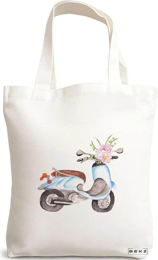 Sacosa de Panza pentru Cumparaturi, Geanta Tote, model Floral Bike, 38x34.5 cm, Alba, BEKZ®