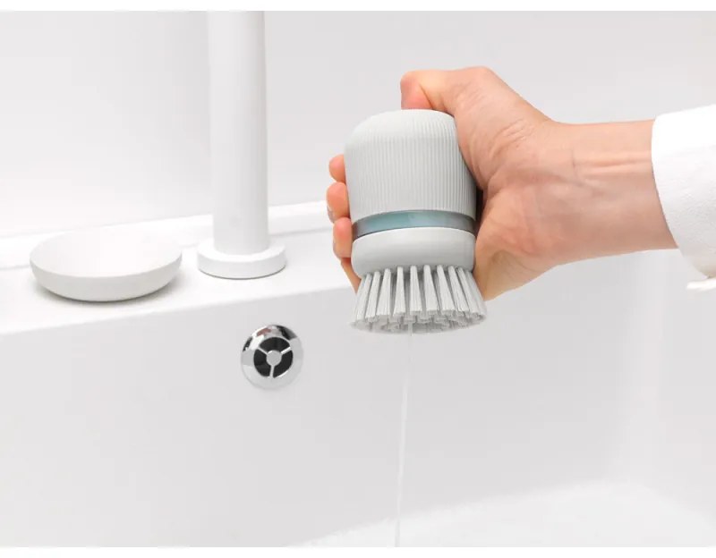 Dozator detergent de vase cu perie Brabantia Sinkside 1003318, 100 ml, Peri din poliester, Suport, Gri deschis