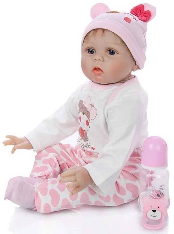 Papusa bebelus cu aspect realist, hainute roz, 5 accesorii, suzeta magnetica, 55 cm