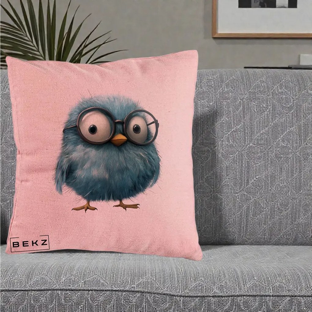 Perna Decorativa Pui Pufos Teal cu Ochelari, 40x40 cm, Roz, Husa Detasabila, Perna Inclusa, BEKZ®